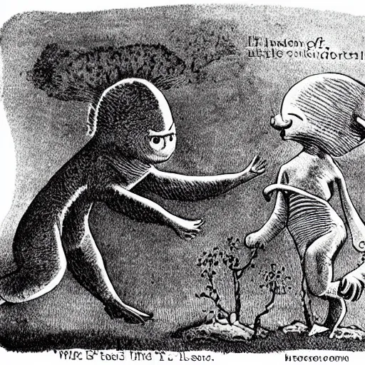 Prompt: life taking its first steps onto land. new life evolutionary ancestor. Ancient creature. Illustrated by Maurice Sendak