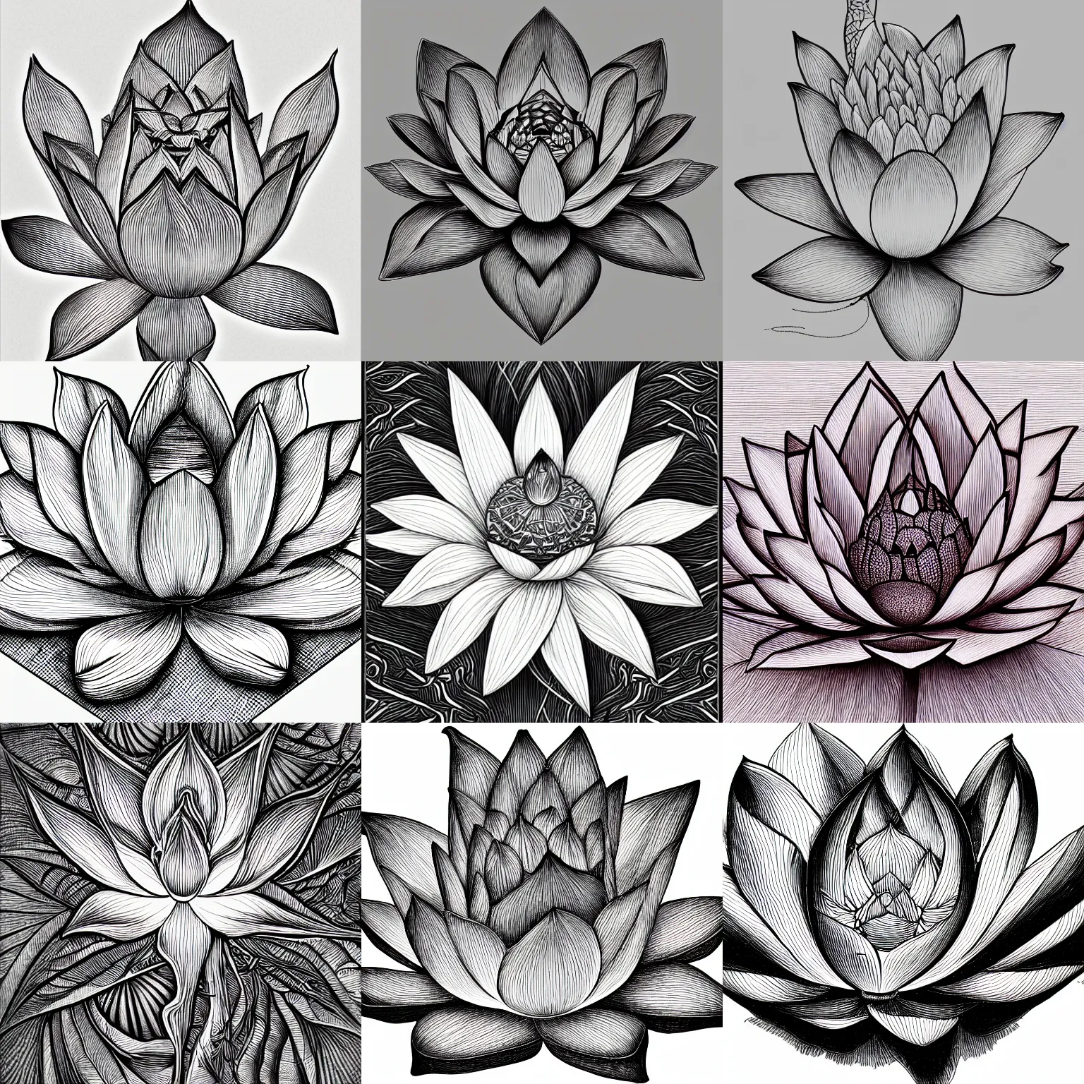 Prompt: beautiful aesthetic inspirational professional digital pen sketch of a lotus by m. c. escher, ultra detailed, fine details, trending on artstation, high quality paper