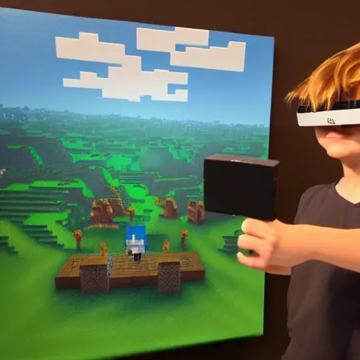 Prompt: a highly detailed painting of a boy in minecraft virtual reality, he has a hateful face and must build things and destroy bed