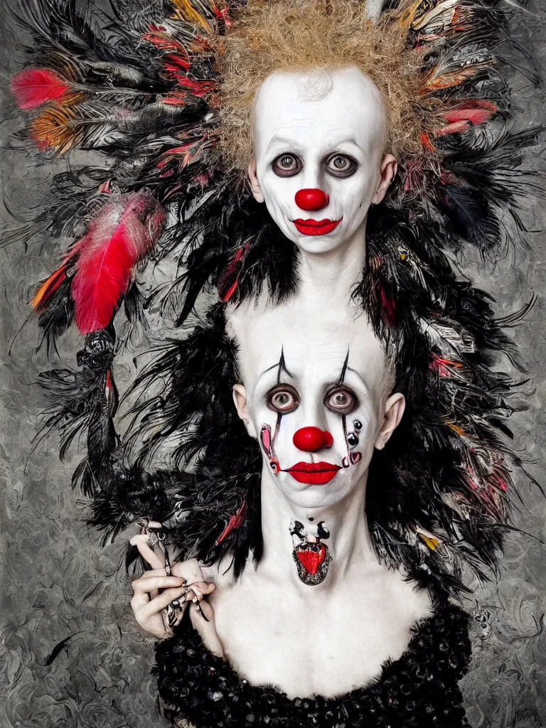 Image similar to Detailed maximalist portrait of a clown with cracked porcelain skin, dark doe eyes, a mouth like PJ Harvey, surrounded by black feathers and milk droplets, HD mixed media, 3D collage, highly detailed and intricate, surreal illustration in the style of Caravaggio, dark art, baroque