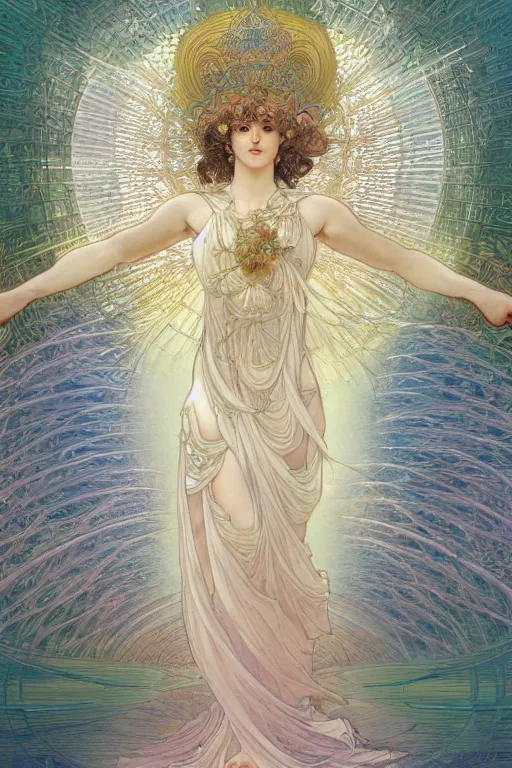 Image similar to goddess angel of tranquility，hyper detailed, character concept, full body, dynamic pose，intricate, lineart, cerpuscular rays, by yoshitaka amano, alfons mucha, 4k