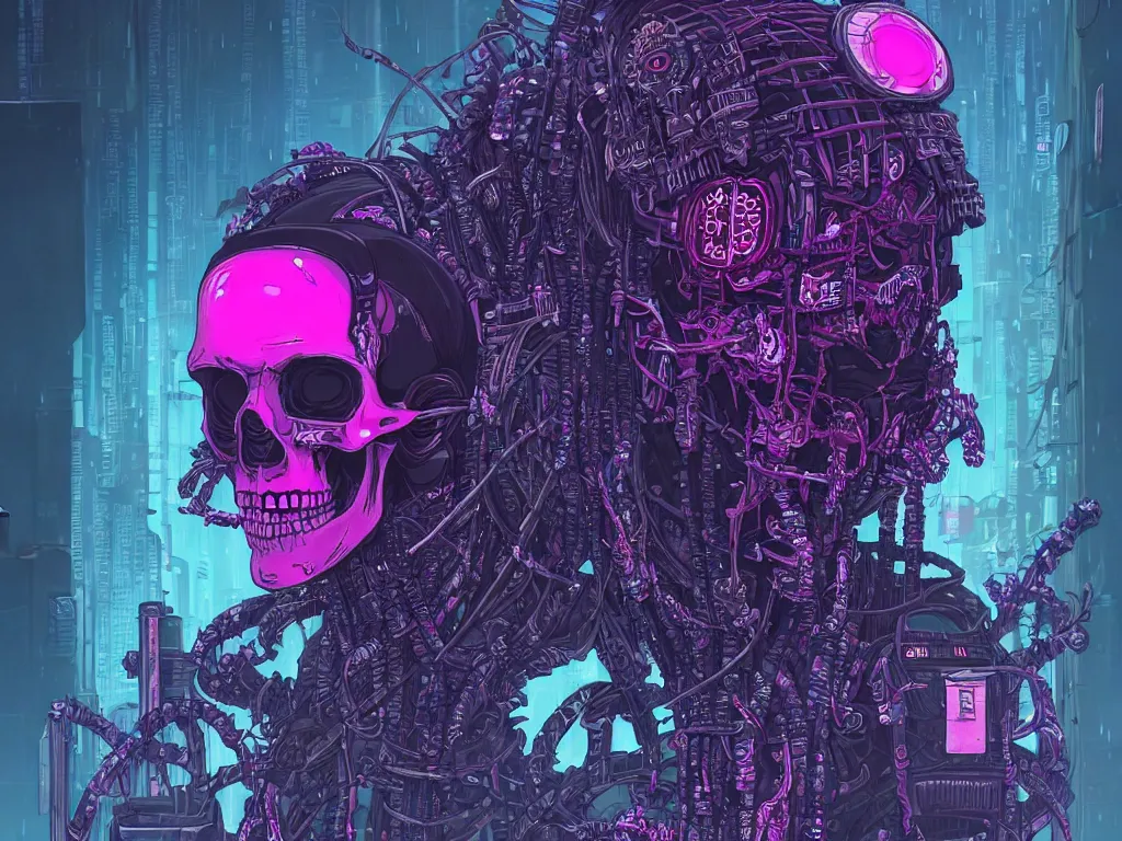 Prompt: high detailed lone dead android skull samurai with plants growing around the neck in a cyberpunk rainy city at night by Josan Gonzalez, purple and pink and blue neons, unreal engine, high quality, 4K, UHD, trending on ArtStation, wires, blade runner vibes, ghost in the shell, akira, dorohedoro