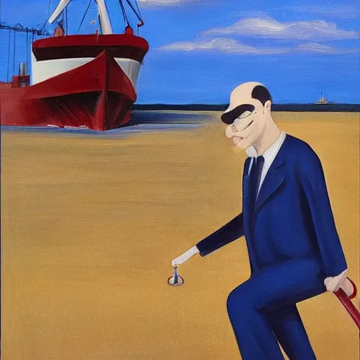 Image similar to A large man in a blue pinstripe suit with a cane stepping off of a cargo ship onto the docks, art, painting, villain