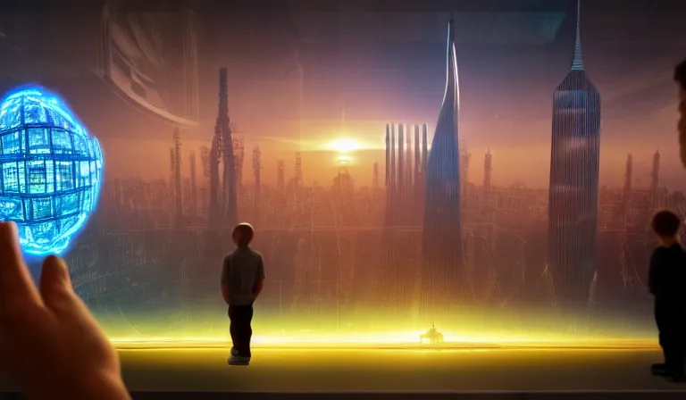 Prompt: crowd of people in large open museum, looking at hologram of futuristic city on a table, cinematic concept art, godrays, golden hour, natural sunlight, 4 k, clear details, tabletop model buildings, center model buildings, hologram center, crane shot, wide shot, high shot