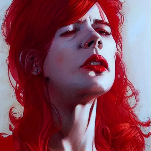 Prompt: a beautiful artwork portrait of a woman with white shirt and red hair smoking a cigarette by Jerome Opeña, featured on artstation