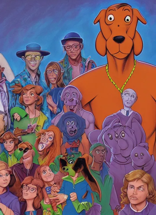 Prompt: portrait of Scooby-Doo in Society (1989), highly detailed, centered, solid color background, digital painting, artstation, concept art, smooth, sharp focus, illustration, artgerm, donato giancola, Joseph Christian Leyendecker, Les Edwards, Ed Repka, WLOP, Artgerm