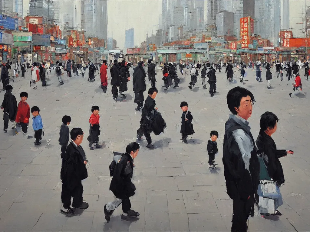 Image similar to ‘The Center of the World’ (Liu Xiaodong realist oil painting, large brushstrokes, colorful crowded city street) was filmed in Beijing in April 2013 depicting a white collar office worker. A man in his early thirties – the first single-child-generation in China. Representing a new image of an idealized urban successful booming China.