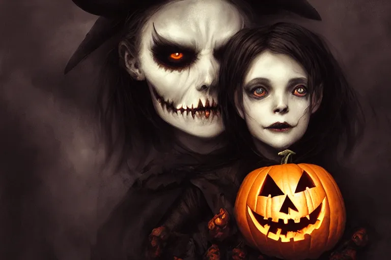 Image similar to portrait of a ghoulish victorian witch holding a jack - o - lantern, halloween night, charlie bowater, artgerm, ilya kuvshinov, krenz cushart, ruan jia, realism, ultra detailed, 8 k resolution