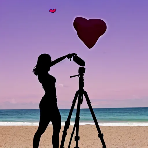 Prompt: a silhouette of a college girl with sunglasses in front of a tripod on the beach with a few cute pink hearts in the air