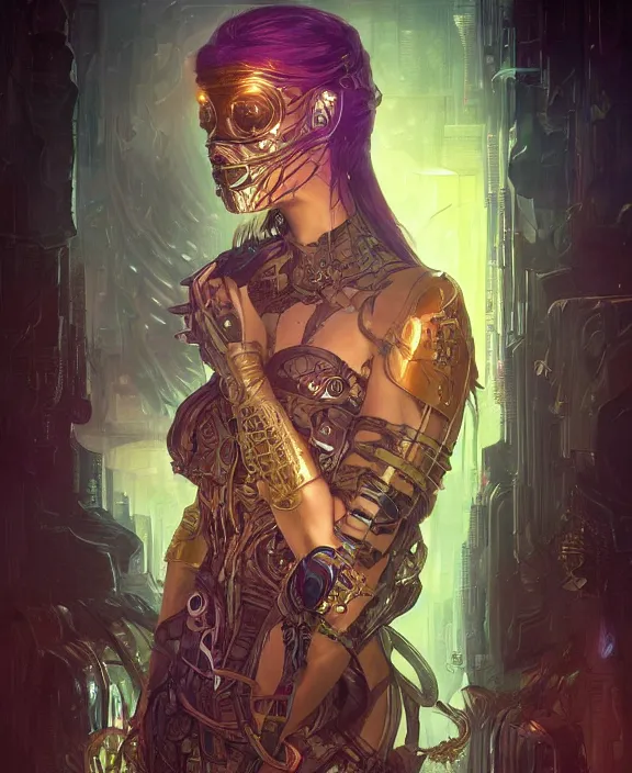 Image similar to portrait of a cyberpunk masked evil, half body, glowin eyes, d & d, fantasy, intricate, elegant, highly detailed, colorful, vivid color, digital painting, artstation, concept art, art by artgerm and greg rutkowski and alphonse mucha and ruan jia