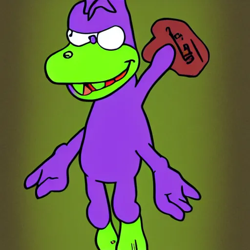 Image similar to fullbody!! barney the dinosaur from the kid's show holding a broken bottle, absurdist, hyperrealistic, digital art