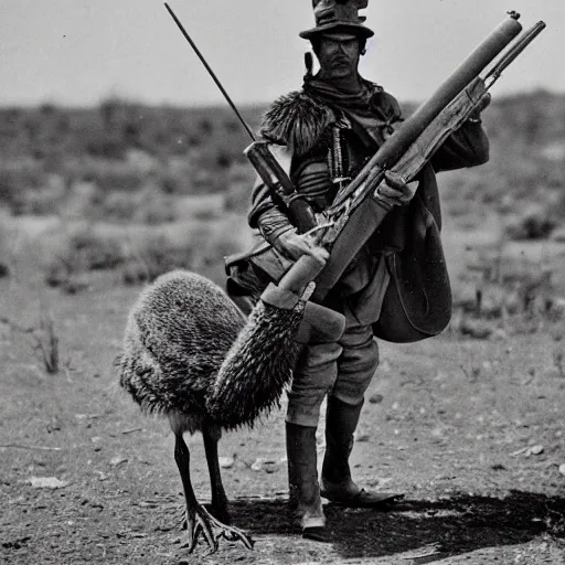 Image similar to emu soldier carrying firearms victorious at the fall of australia