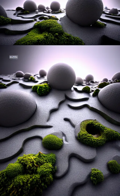 Image similar to highly detailed ultra sharp 3 d render cinematic composition of a smooth ceramic porcelain biomorphic magnolia stone nebula fluid fractal sci - fi surreal architecture landscape, granite, metallic, magnesium, marble, moss and lichen, vincent callebaut composition, mamou - mani, archviz, beautiful lighting, 8 k, unreal engine, hdr,