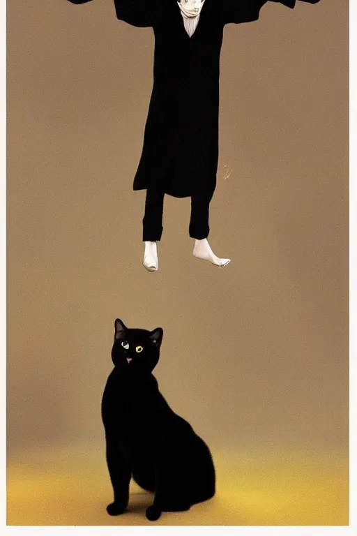 Prompt: hyperrealism fashion portrait photo with black cat from The Holy Mountain by Alejandro Jodorowsky in style of Francisco Goya