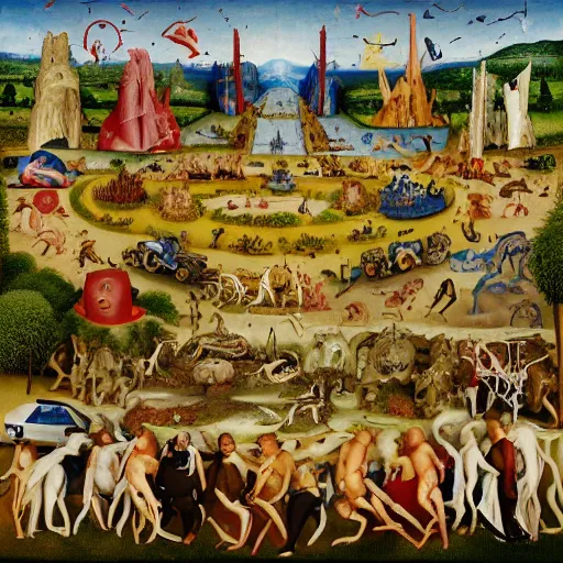 Image similar to all terrain vehicle race, in the style of the garden of earthly delights painting by jerome bosch