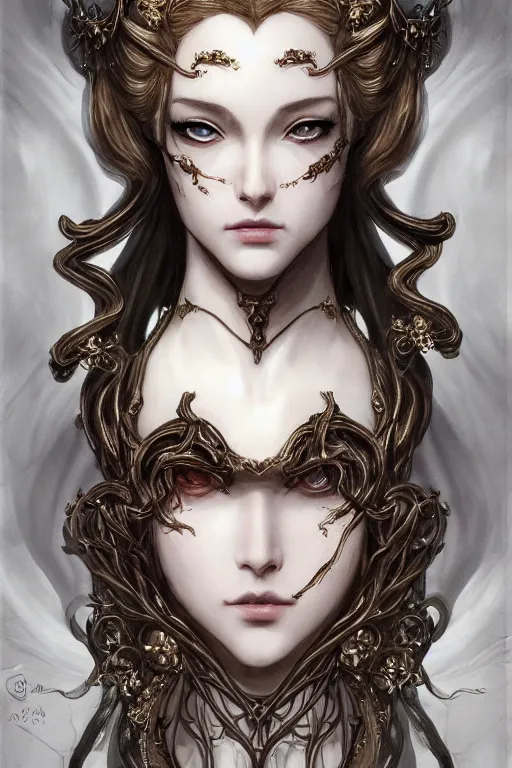 Prompt: portrait of a woman's face, baroque style, elegant, beautiful, mesmerizing, concept art, fancy clothing, highly detailed, artstation, trending, inspired by innocent manga, inspired by castlevania concept art, by ayami kojima, shinichi sakamoto