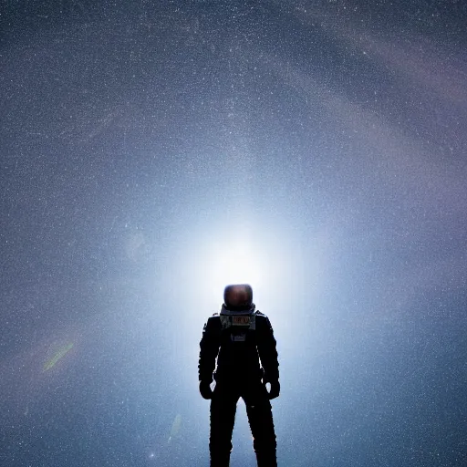 Image similar to photograph of an astronaut against the darkness of space, singular light source from below, full body photo, amazing light and shadow contrast, 8 k