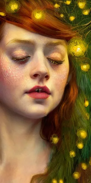 Prompt: empathic young woman, smiling amazed, golden fireflies lights, full covering intricate detailed dress, amidst nature, long red hair, precise linework, accurate green eyes, small nose with freckles, beautiful oval shape face, realistic, expressive emotions, dramatic lights, hyper realistic ultrafine art by artemisia gentileschi, jessica rossier, boris vallejo