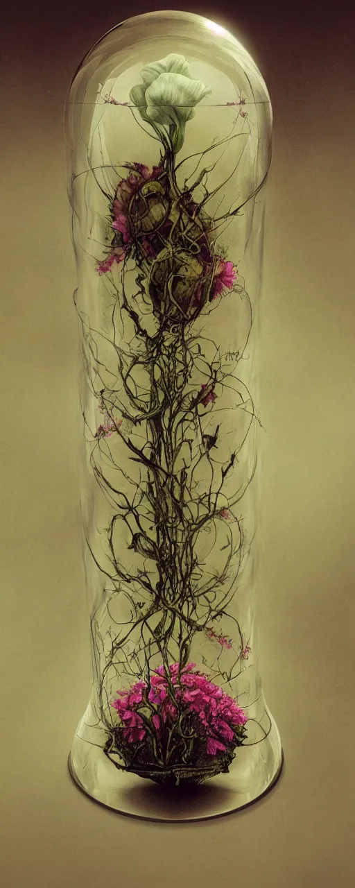 Prompt: dead flower inside a glass dome, zdzislaw beksinski, arthur rackham, stephen gamell, 8 k, artstation