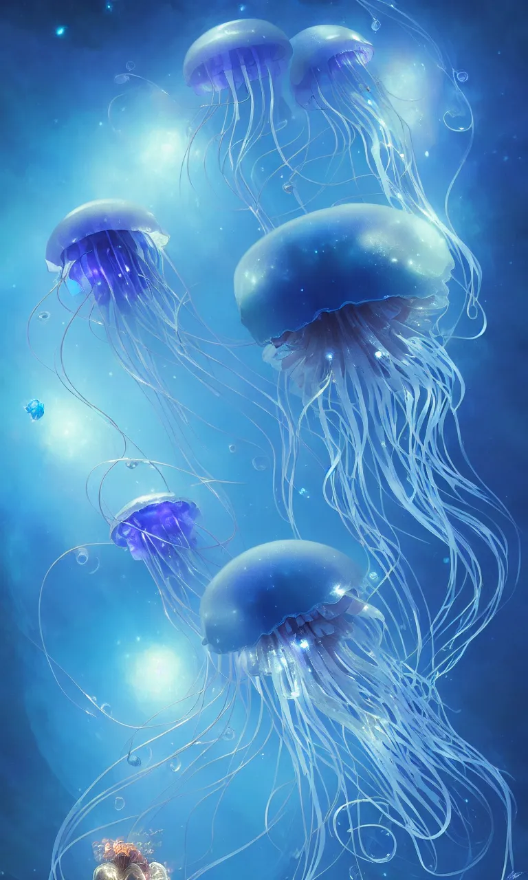 Image similar to detailed jellyfish in space, blue tones, underwater, full frame, highly detailed, digital painting, artstation, concept art, smooth, sharp focus, illustration, art greg rutkowski and alphonse mucha