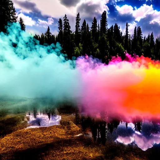 Prompt: rainbow neon sign half circle in water reflected on misty mountain lake at midday, surrounded by beautiful forest, sunny summertime sunlit daylight, twisting smoke bomb, hdr, smoke on water, 4 k, award winning photography, volumetric lighting, artstation