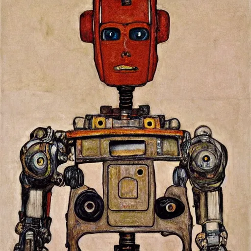 Image similar to portrait of a robot by egon schiele in the style of frank frazetta