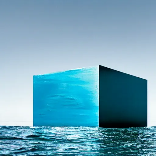 Image similar to a cube in the middle of the sea in the style of richard serra