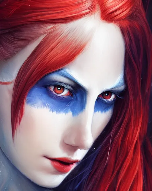 Prompt: A detailed matte oil on canvas head on symmetrical portrait of a distinguished elven woman with a blue eye and a red eye, and red and blue hair (((((makeup))))) by Charlie bowater and lise deharme wlop, trending on artstationhd, dungeons and dragons art critical role