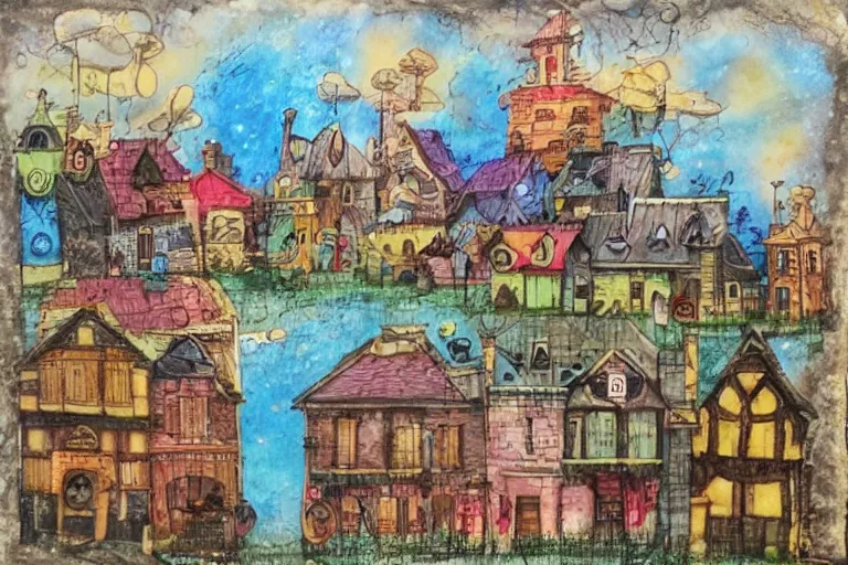 Image similar to a small fantasy town, mixed media on canvas, 2 d, whimsical,