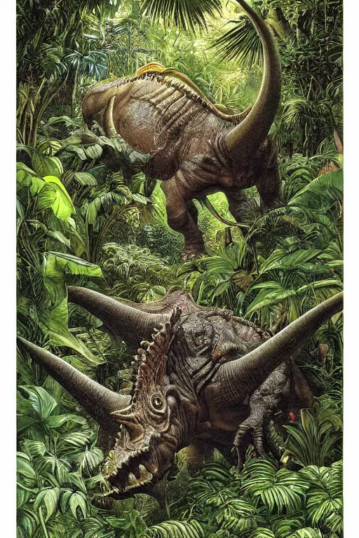 Prompt: ! dream a triceratops charging toward the viewer in a lush tropical jungle, fluid, smooth, bright, colours, high contrast, sharpness, very detailed, intricate, by donato giancola, gustave dore and junji ito