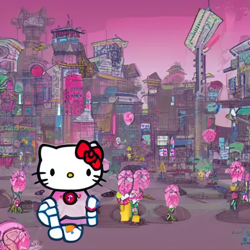 Image similar to hello kitty samurai in cyperpunk city, concept art