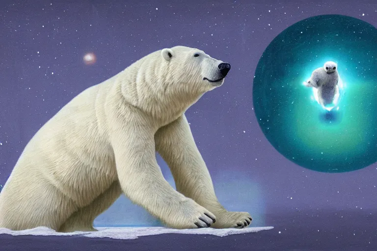 Prompt: polar bear blessed by the amoeba, painted by russ nicholson and chesley bonestell, trending on artstation, dramatic red or cyan lighting tilt - shift multiple exposure, doge, colored pencil art, macro, monumentalism