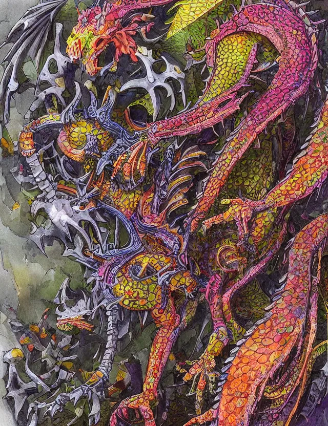 Prompt: colourful painting of dragon skeleton, intricate armour, mechanical liquid, flowers, by masanori warugai