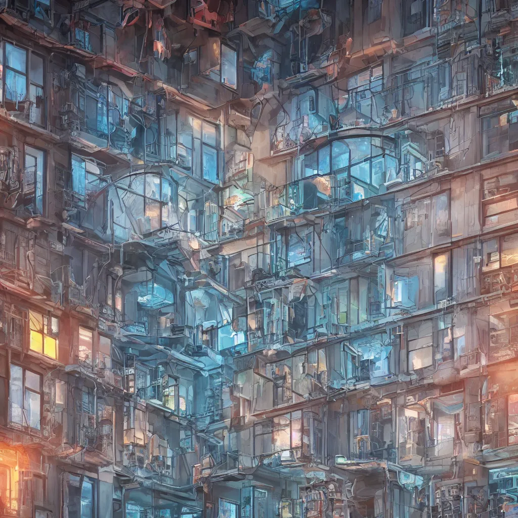 Image similar to a highly detailed loft apartment, neon backlit, round window, cyberpunk nightcity in the window, 8 k