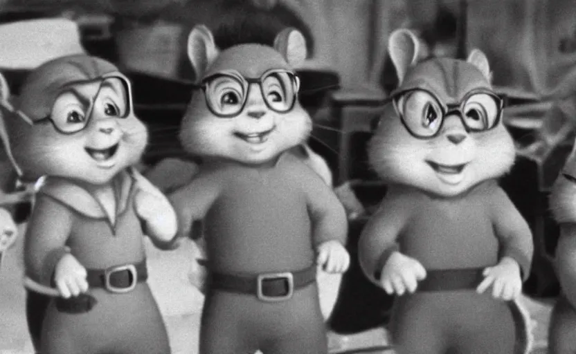 Image similar to Alvin in the chipmunks during World War II, grainy black and white photo