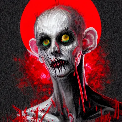 Prompt: An extremely skinny zombie man with burning yellow smokey eyes on a dusty haunting background with red and white smoke and dirt, in the style of artgerm and adam hughes