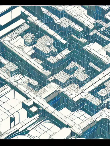 Prompt: horizontal view, cyberpunk, animation concept art, studio ghibli style, clear reflection, full page scan of 3 0 0 0 s detailed concept art, cyberpunk, mathematics and geometry, architecture, sewage system, urban section, floor plan, architectural section, post apocalyptic, desaturated, summer feeling