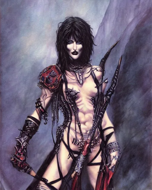 Prompt: portrait of a skinny punk goth sorceror wearing armor by frank fazetta, fantasy, barbarian, hardcore