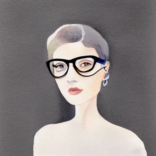 Prompt: watercolor painting of a very beautiful woman wearing translucent eyeglasses