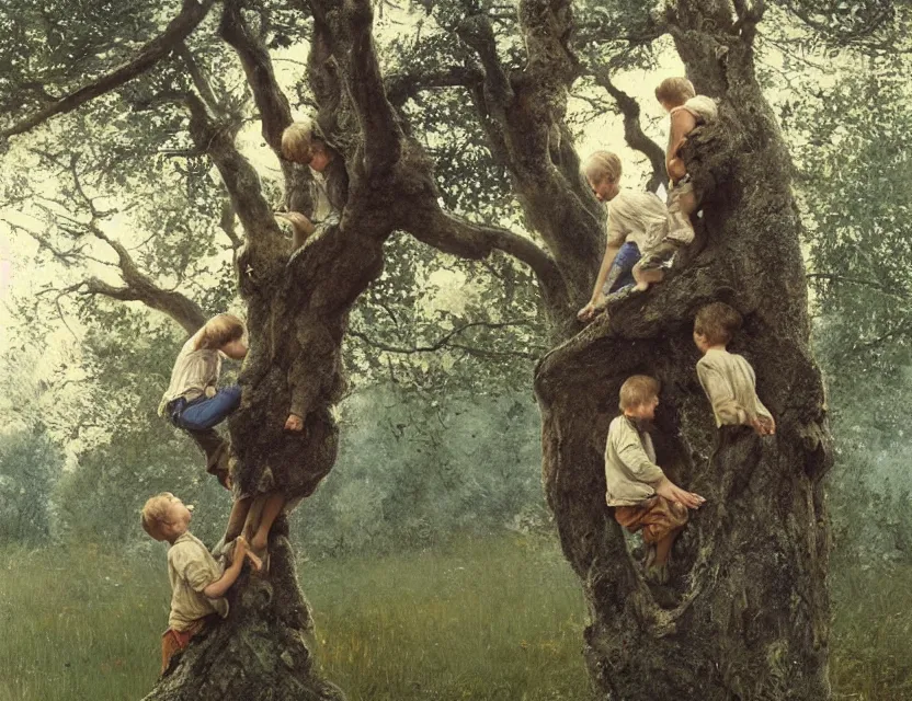 Image similar to two peasant boys climbing a tree, country style, Low angle view, Cottage core, Cinematic focus, Polaroid photo, vintage, neutral colors, soft lights, foggy, by Steve Hanks, by Serov Valentin, by lisa yuskavage, by Andrei Tarkovsky, by Terrence Malick, 8k render, detailed, oil on canvas High angle view, wide shot