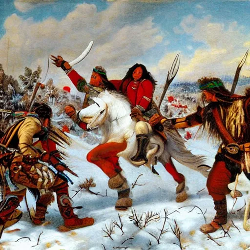 Image similar to majestic native americans fighting cyborg white men in a snowy field, landscape, hyper realistic painting, 1 6 0 0 s,