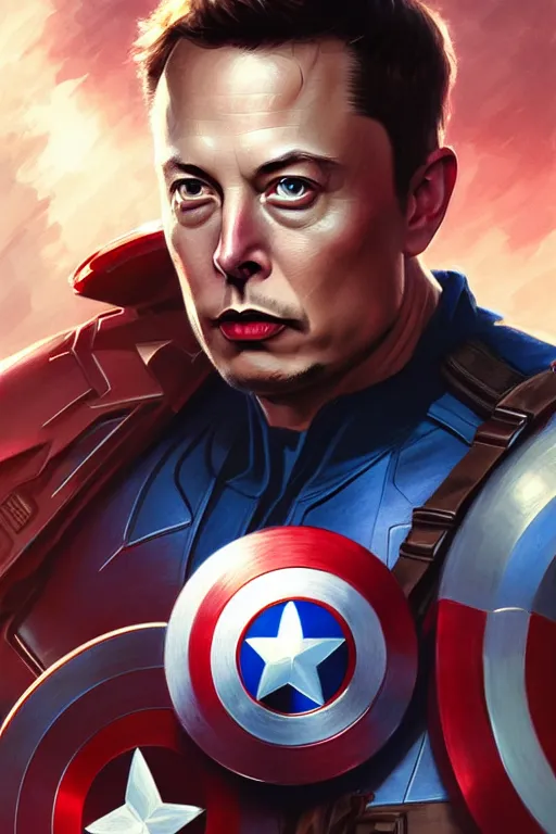 Image similar to elon musk as captain america, portrait, highly detailed, digital painting, artstation, concept art, smooth, sharp focus, illustration, cinematic lighting, art by artgerm and greg rutkowski and alphonse mucha