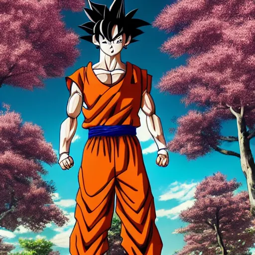 Image similar to highly detailed photo of goku wearing tuxedo standing in front of sakura trees, anime concept art, symmetrical face, with clear eyes highly detailed, 8 k