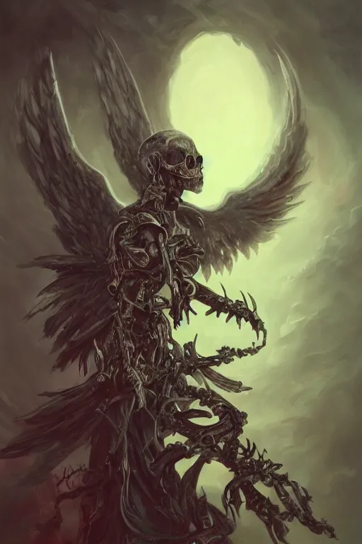 Image similar to painting of an ominous bright angel of death with many skulls in dark clouds, full-body portrait, highly detailed, ornate and elegant, fantasy, traditional art, gothic, abstract art, surrealism, concept art, on artstation