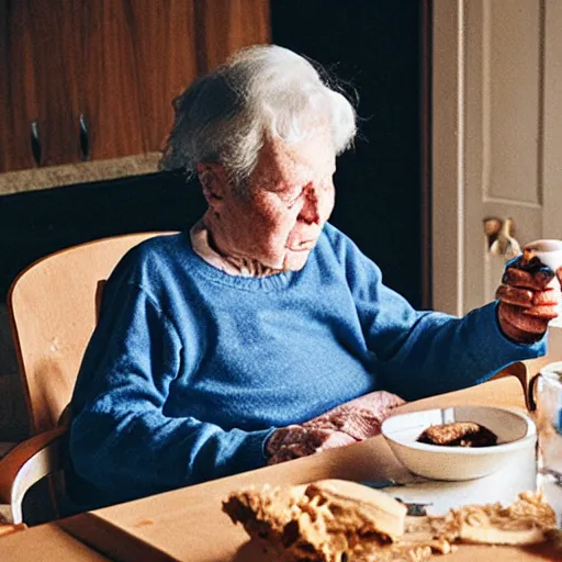 Prompt: the faceless old woman who secretly lives in your home eating ice cream at the kitchen table in the dark, detailed, realistic