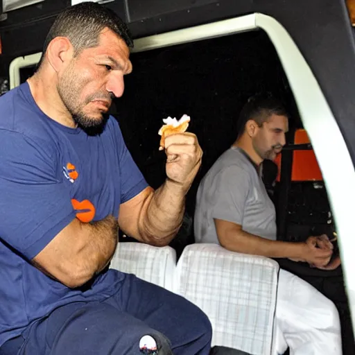 Image similar to antonio rodrigo nogueira holds a single carrot, and antonio rogerio nogueira has his hand on the bus behind them ; photo