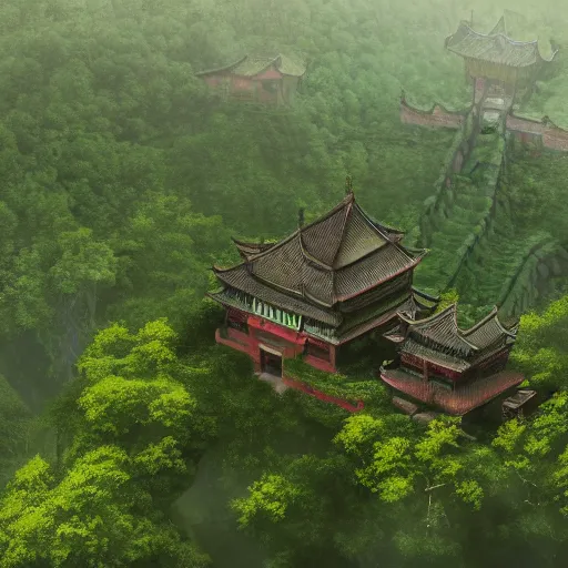 Prompt: a giant ancient chinese castle in forest with some ivy plants on the walls, by zhang zeduan, qiu ying, tang yin, cinematic, epic, dramatic lighting from above, dark, vines, fantasy, dust, unreal engine, octane, highly detailed, concept art, dark, super realistic