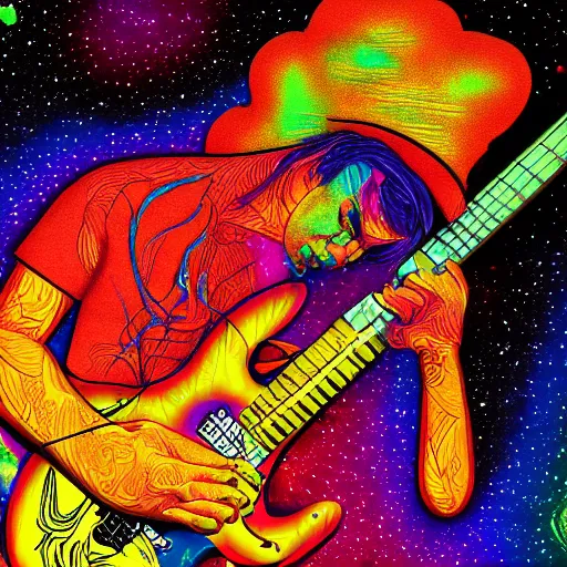 Prompt: psychedelic illustration of a guitar player melting on colors, alucination, trending on art station, masterpiece