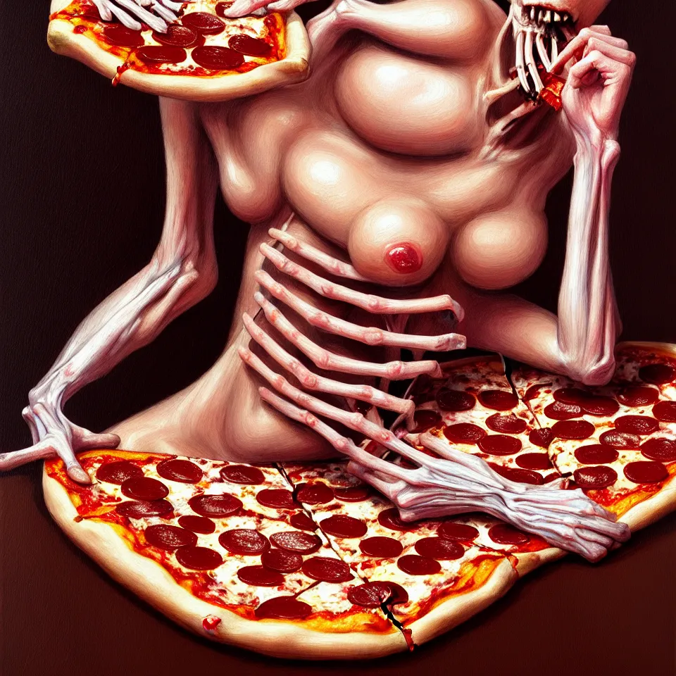 Image similar to bright realistic anorexic ribs boney obese eating herself to death, pizza, appartment, rotten flesh, diffuse lighting, fantasy, intricate, elegant, highly detailed, lifelike, photorealistic, digital painting, artstation, illustration, concept art, smooth, sharp focus, art by francis bacon