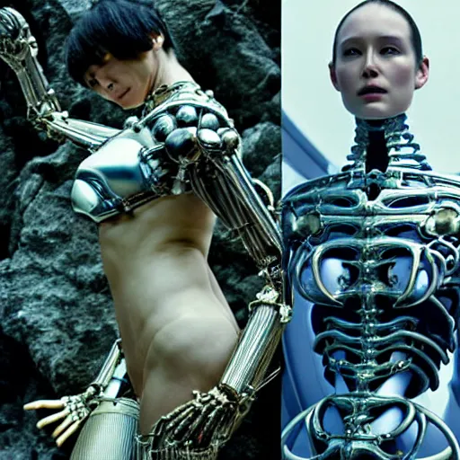 Image similar to still frame from Prometheus movie by Makoto Aida, biomechanical vespa angel gynoid, metal couture by neri oxmn and Guo pei, editorial by Malczewski and by Caravaggio